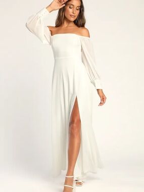 Lulu's Off-Shoulder White Maxi Dress with Sheer Bishop Sleeves and Thigh Slit
